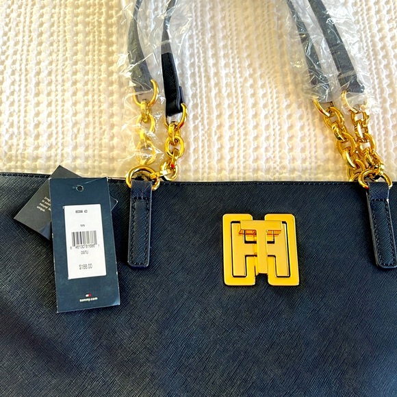 NWT Tommy Hilfiger genuine leather Navy blue tote w/gold hardware. - Picture 2 of 7